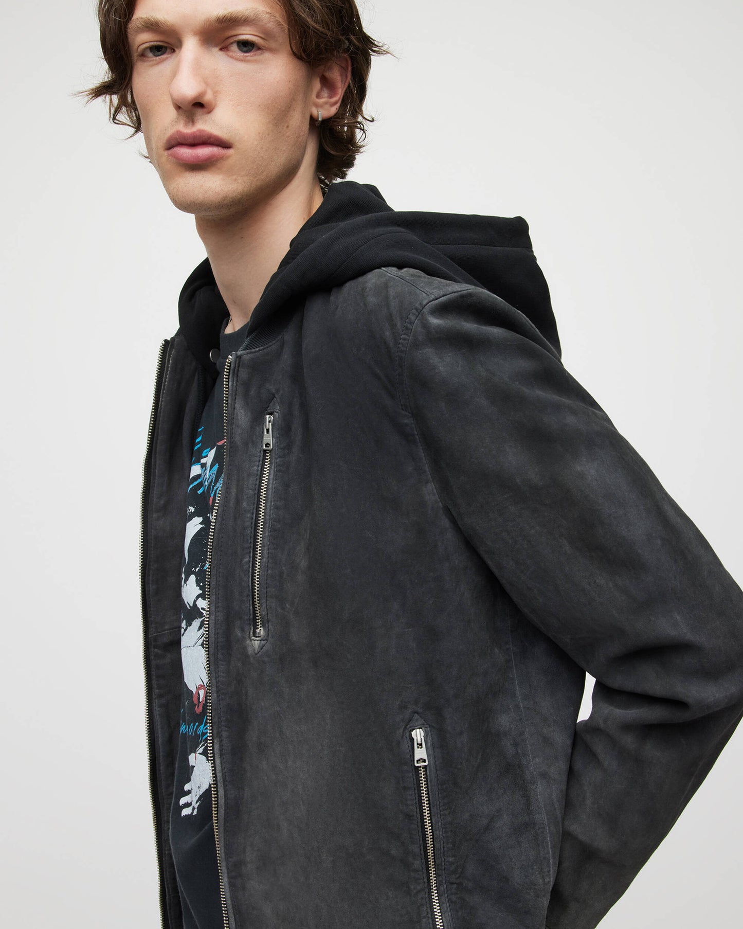 Men's Black Suede Leather Bomber Jacket with Removable Hood - Versatile Style