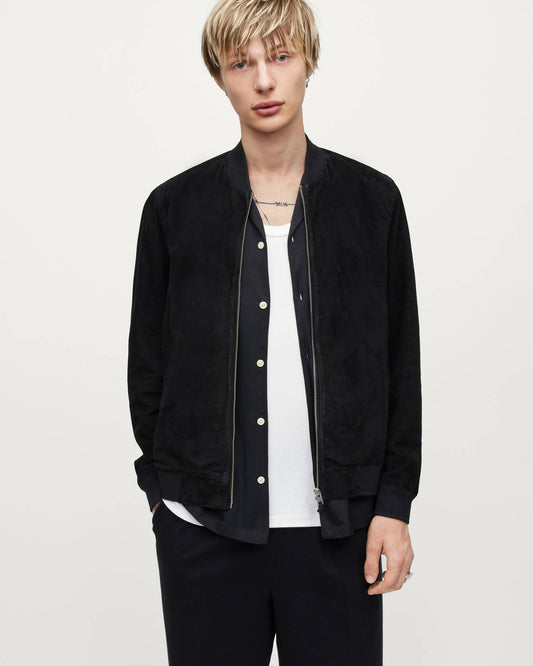 Men's Black Suede Leather Bomber Jacket - Timeless Elegance