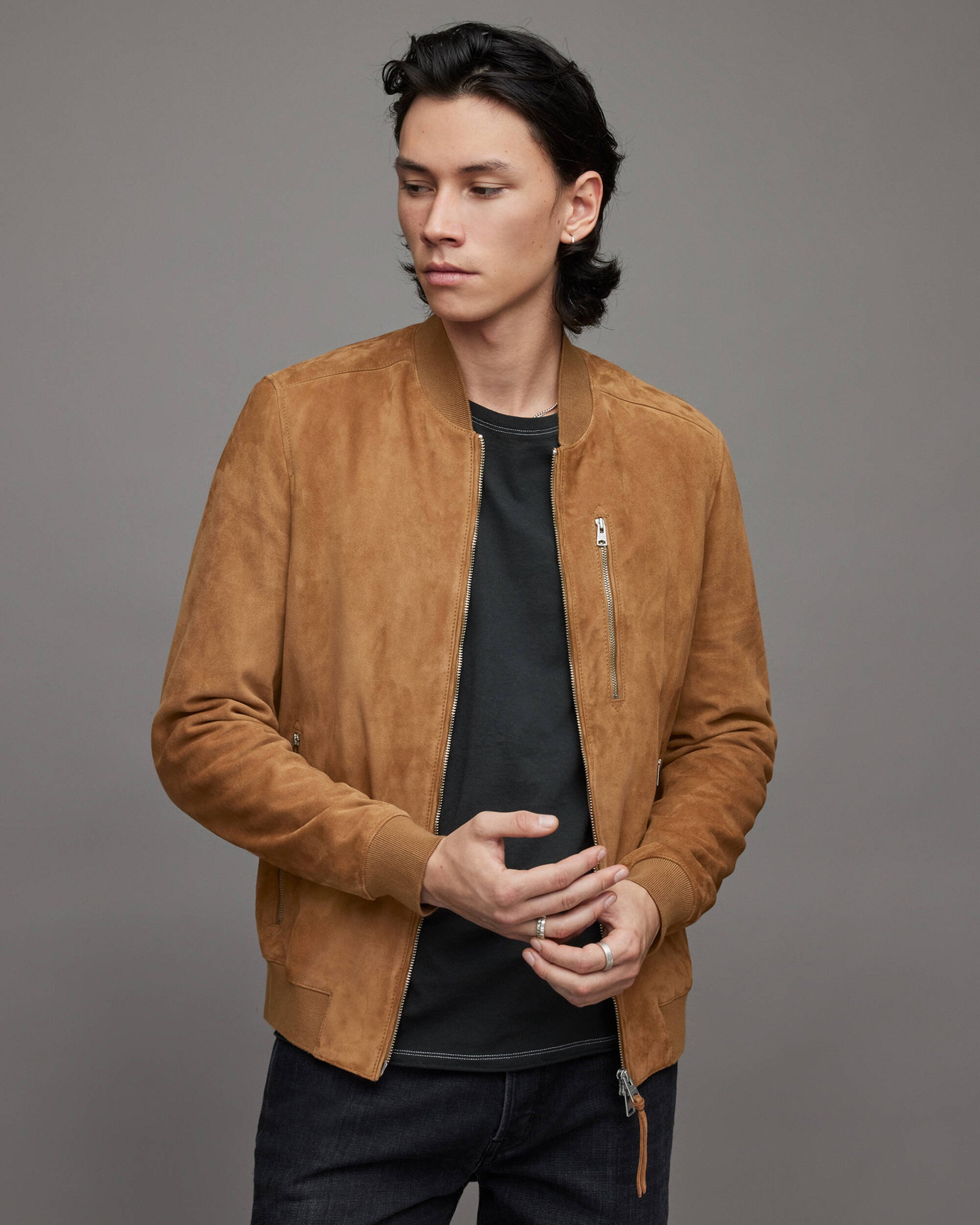 Men's Brown Suede Leather Bomber Jacket