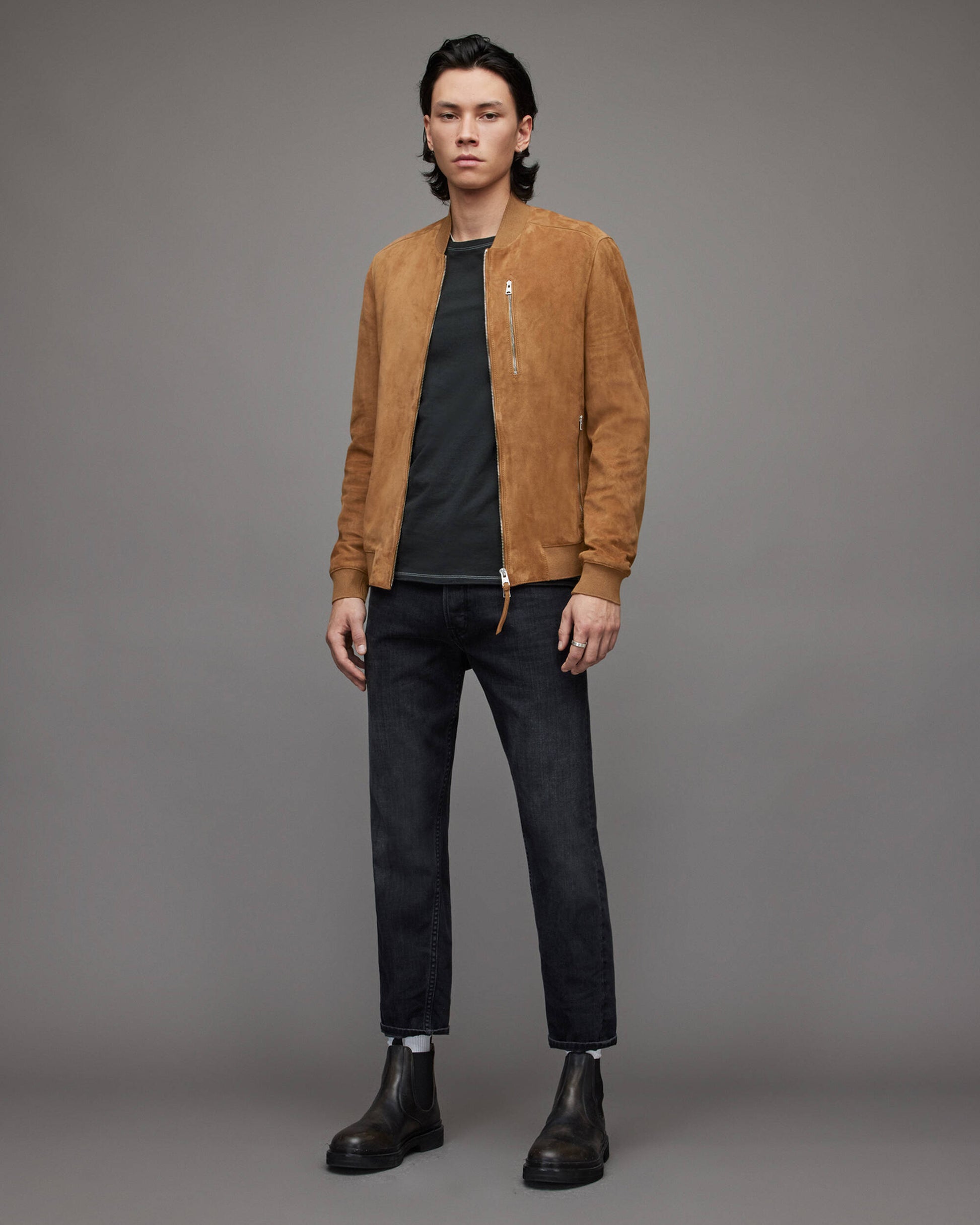 Men's Brown Suede Leather Bomber Jacket