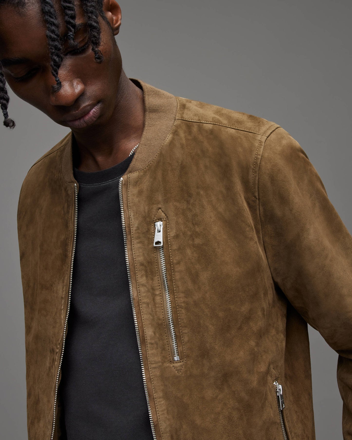 Men's Tan Brown Suede Leather Bomber Jacket