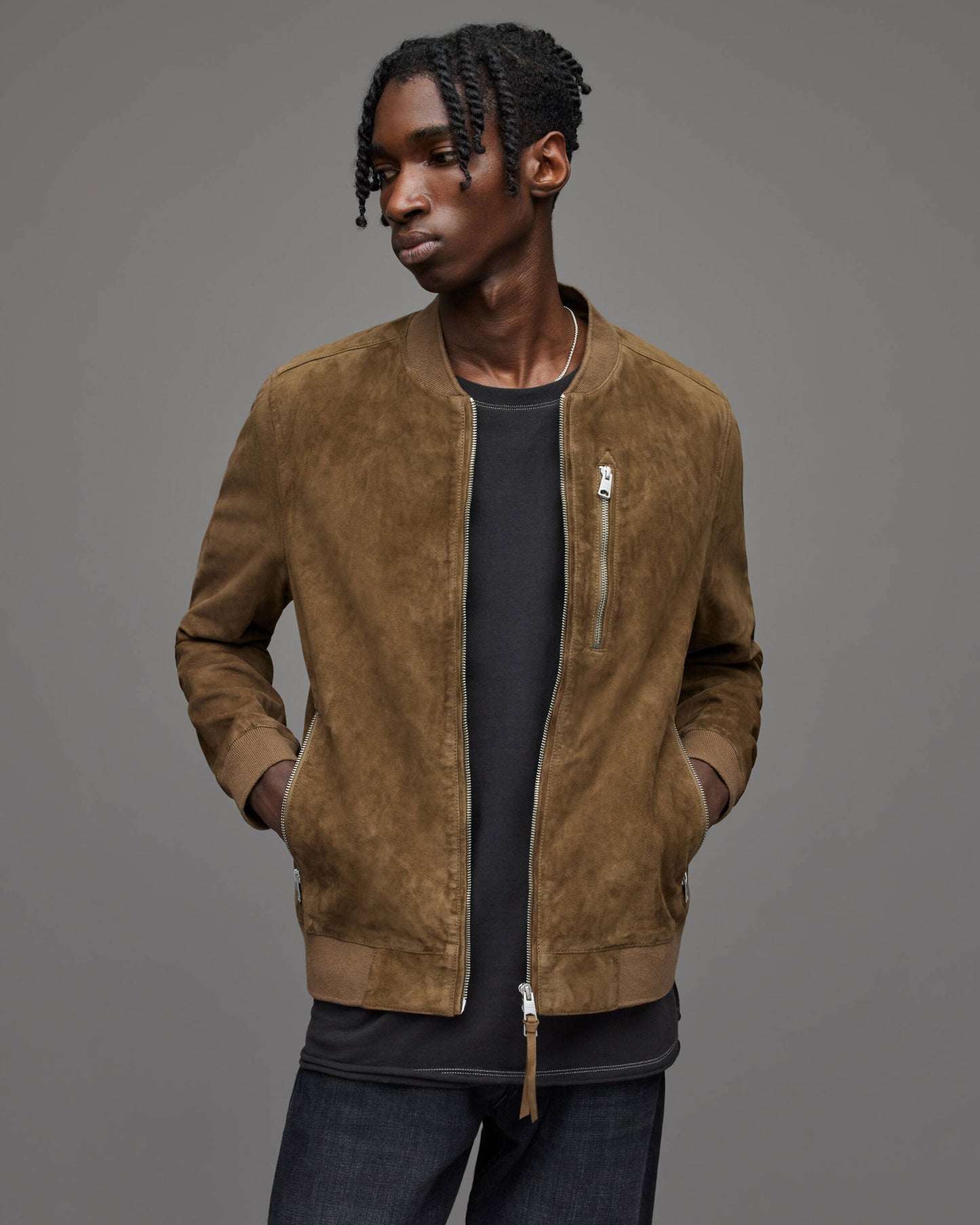 Men's Tan Brown Suede Leather Bomber Jacket