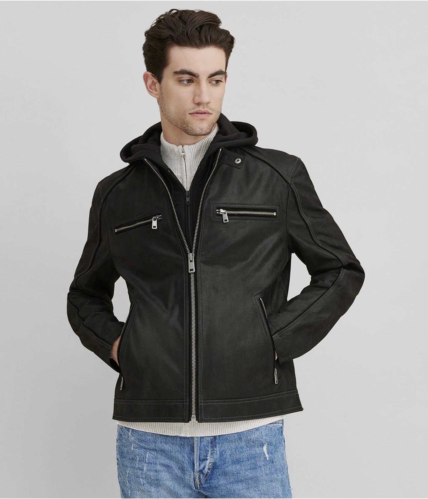 Men's Black Suede Leather Cafe Racer Jacket