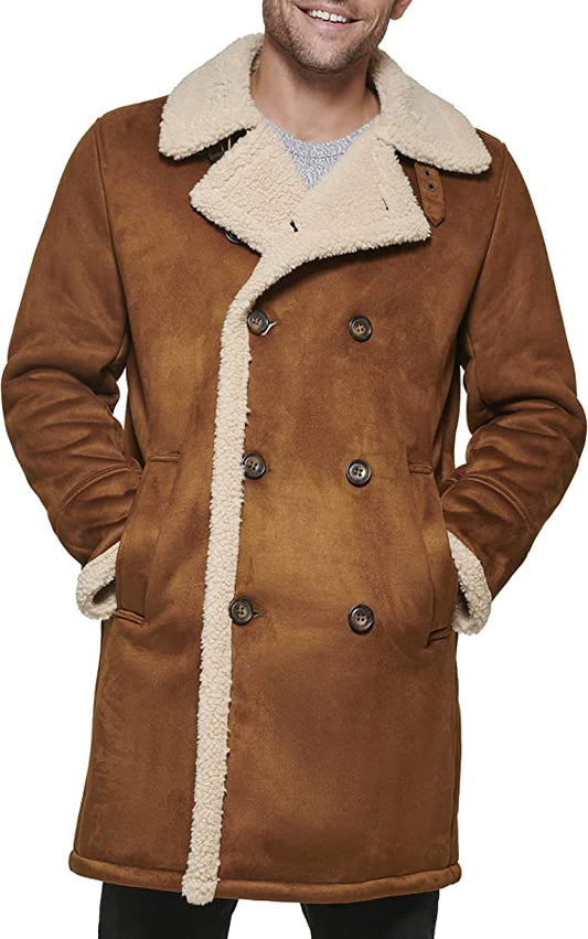 Men's Tan Brown Suede Leather Shearling Coat