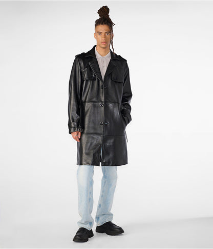 Men's Black Belted Trench Leather Coat