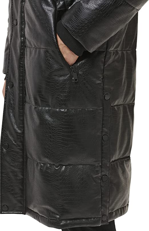 Men's Black Snakeskin Texture Trench Puffer Leather Coat