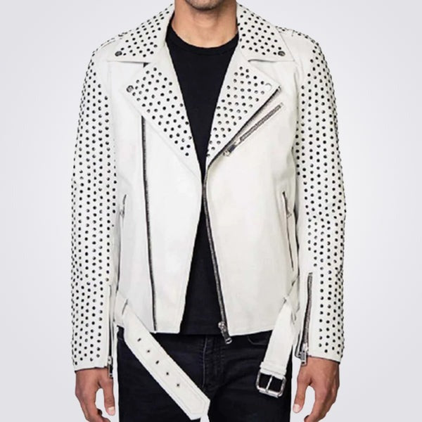 Men’s White Biker Leather Jacket with Silver Studded Belt – Avanzar Leather