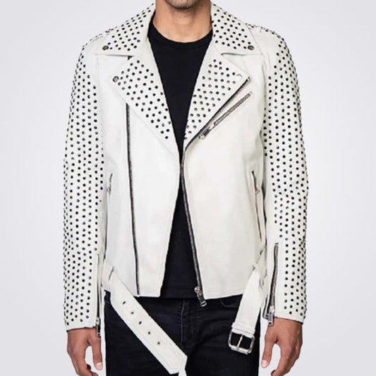 Men’s White Biker Leather Jacket with Silver Studded Belt – Avanzar Leather