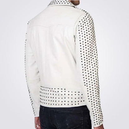 Men’s White Biker Leather Jacket with Silver Studded Belt – Avanzar Leather
