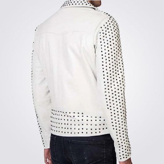 Men’s White Biker Leather Jacket with Silver Studded Belt – Avanzar Leather