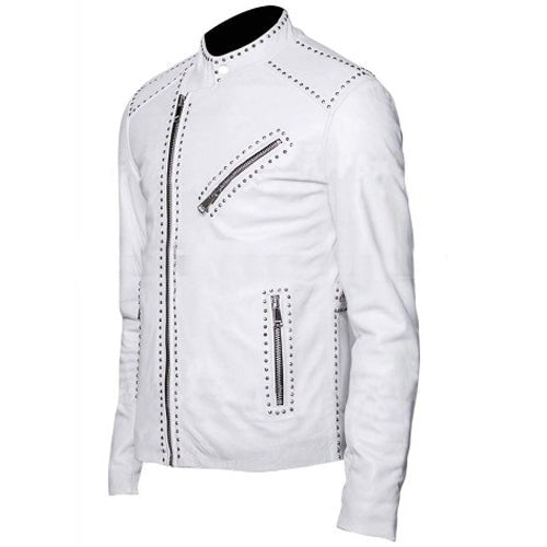 Men’s White Studded Brando Leather Biker Jacket by Avanzar Leather
