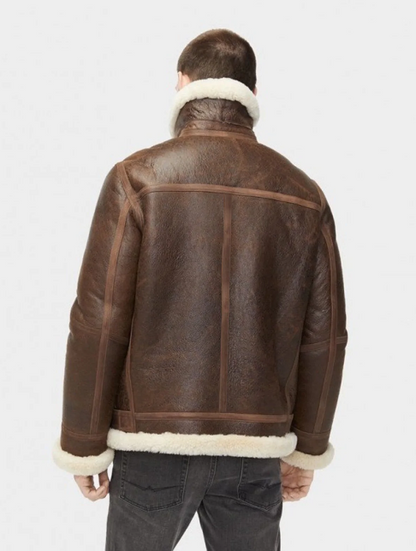 Men's Dark Brown Sheepskin Leather Jacket with White Fur