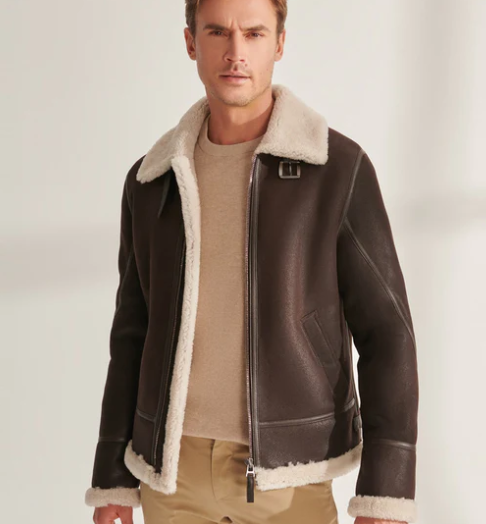 Men's White Sheepskin Leather Jacket in Dark Brown