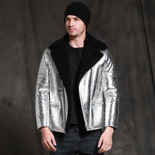 Men's Shiny Silver Aircraft Pilot Shearling Sheepskin Leather Jacket