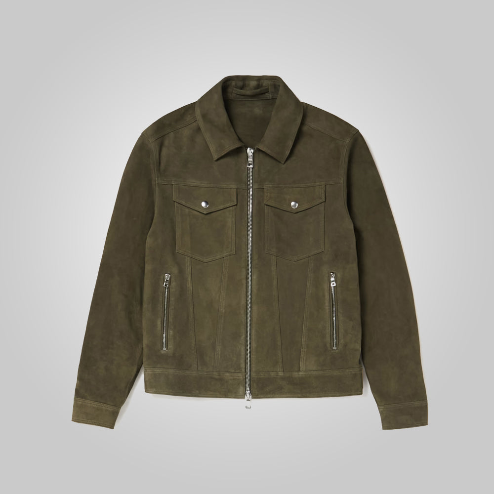 Men's Army Green Suede Leather Trucker Jacket