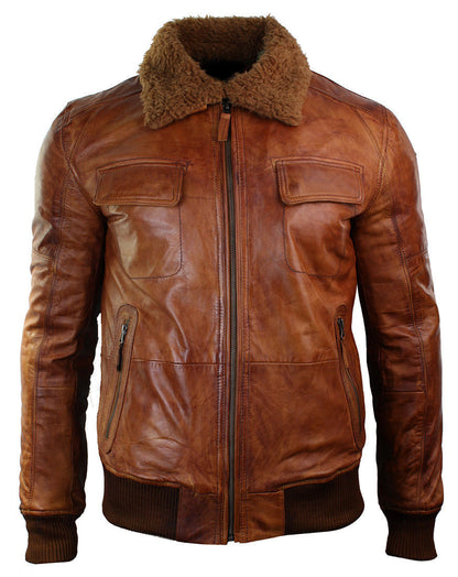 Men's B3 Bomber Rust Tan Brown Fur Collar Aviator Pilot Leather Jacket