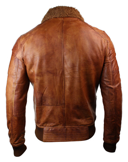 Men's B3 Bomber Rust Tan Brown Fur Collar Aviator Pilot Leather Jacket