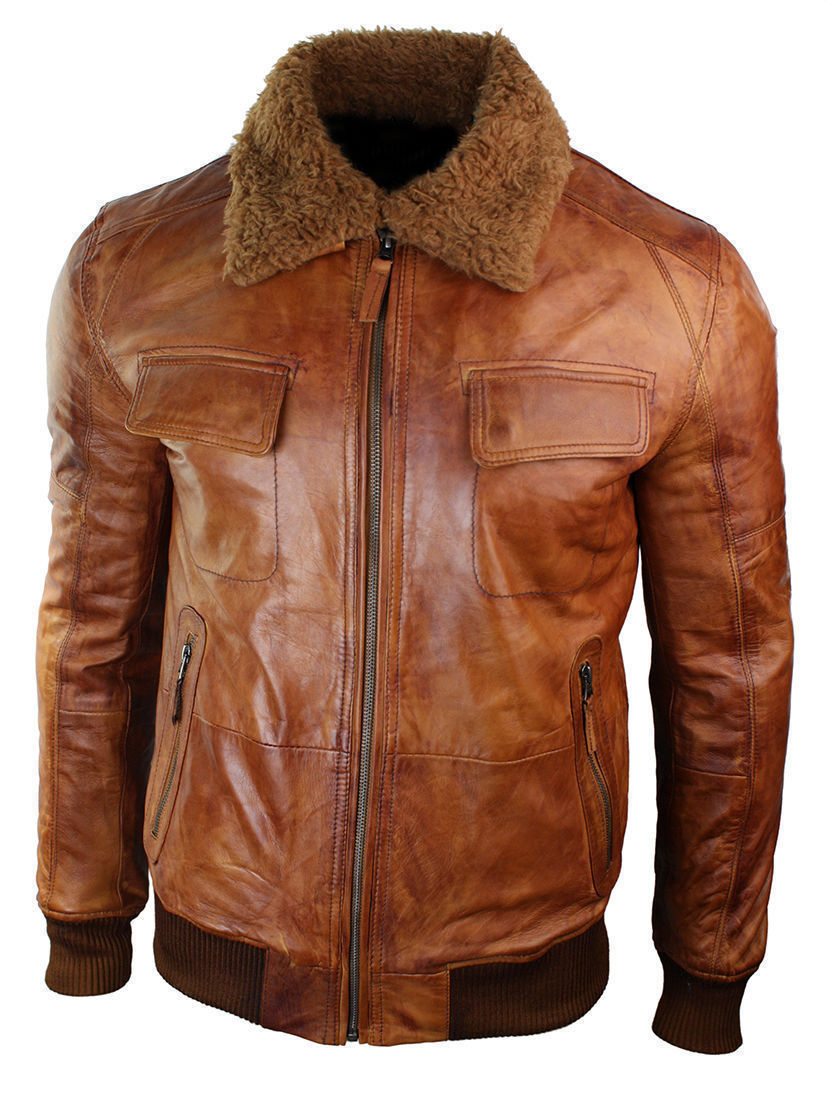 Men's B3 Bomber Rust Tan Brown Fur Collar Aviator Pilot Leather Jacket