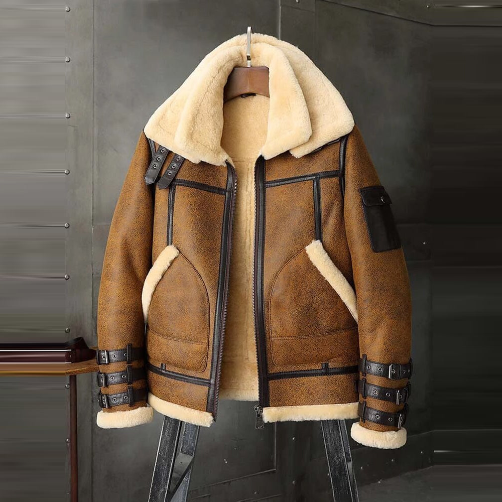 Men’s B3 RAF Aviator Brown Double Collar Flight Shearling Leather Jacket Coat