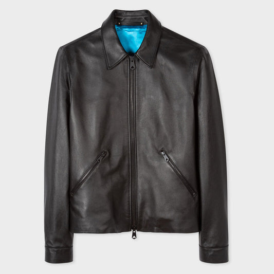 Men’s Black Sheepskin Leather Jacket with Down Collar