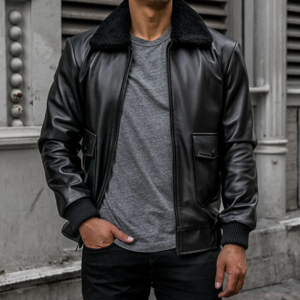 Men’s Black G-1 Flight Leather Bomber Jacket - Bold & Classic