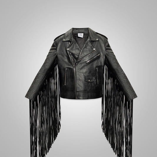 Men's Black Leather Motorcycle Cowboy Fringed Jacket