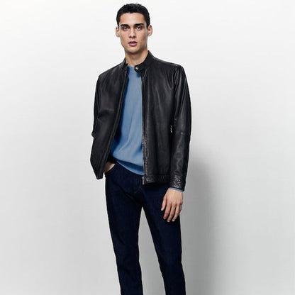 Men's Black Plain Biker Jacket - Classic and Versatile