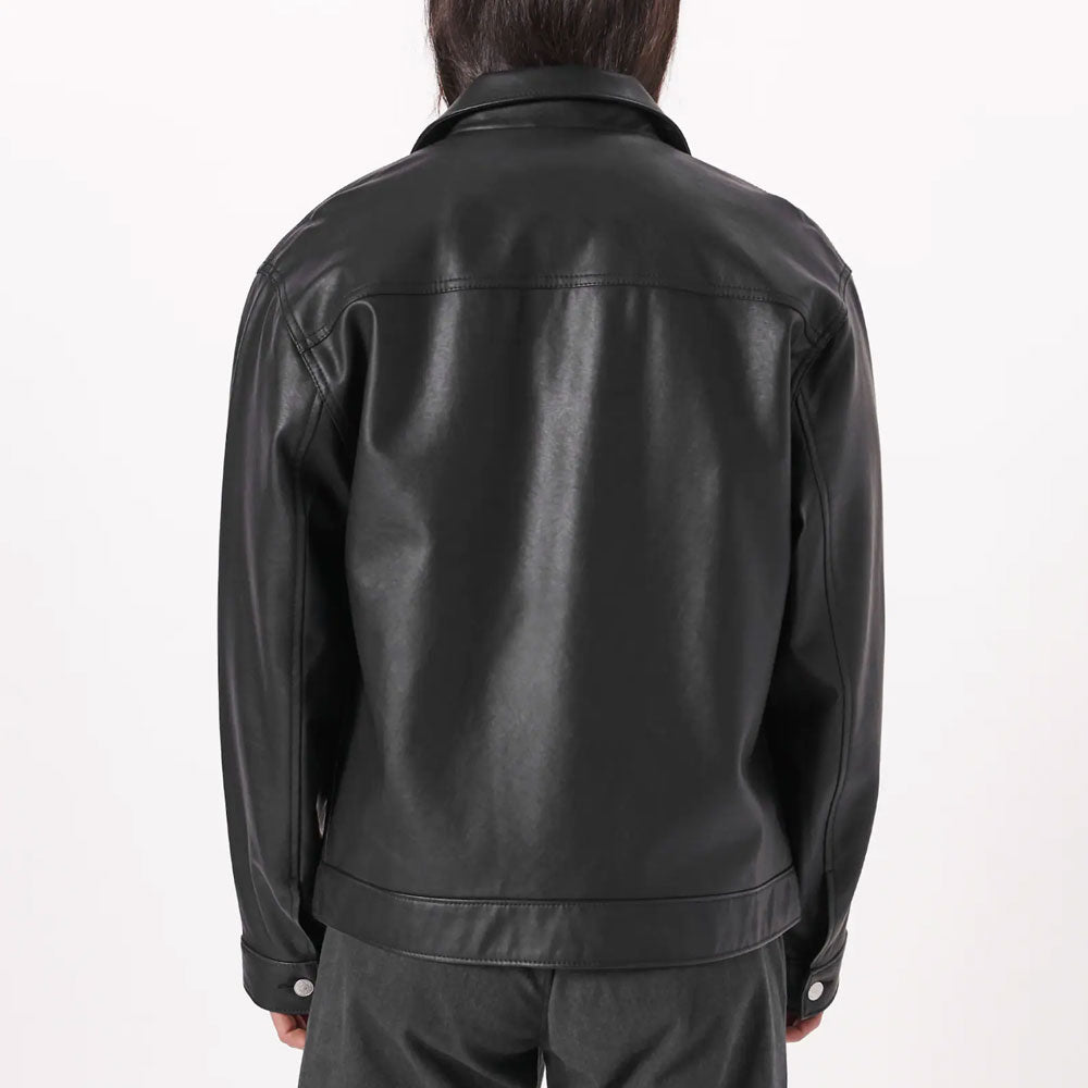 Men’s Black Plain Trucker Leather Jacket by Avanzar