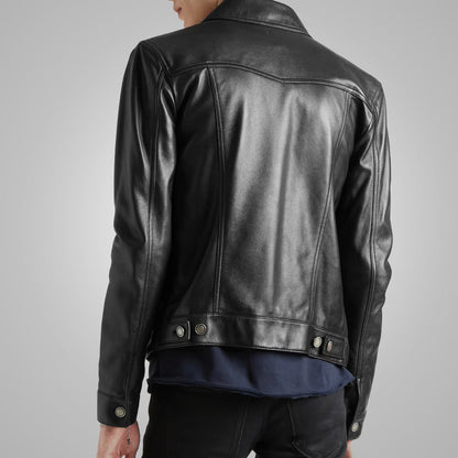 Men's Black Sheepskin Leather Trucker Jacket