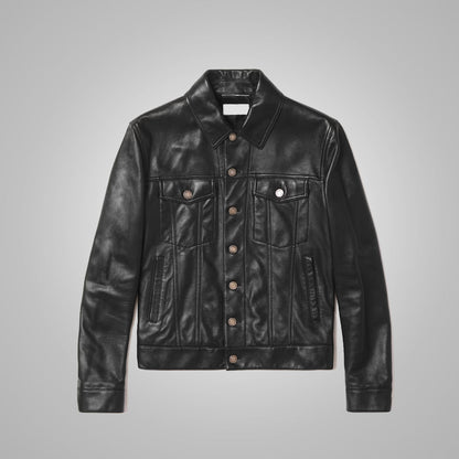 Men's Black Sheepskin Leather Trucker Jacket