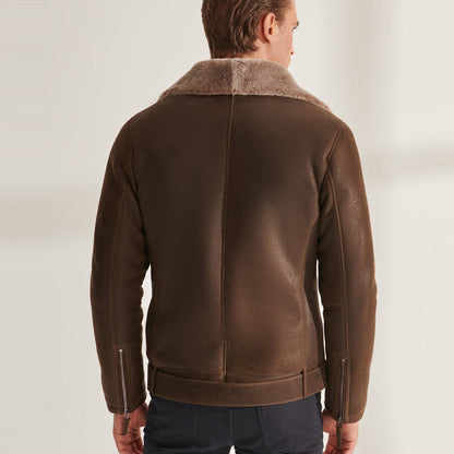 Men's Brown Biker Shearling Sheepskin Leather Aviator Jacket