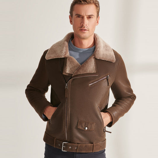 Men's Brown Biker Shearling Sheepskin Leather Aviator Jacket