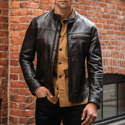 Men’s Brown Cafe Racer Goatskin Leather Motorbike Jacket by Avanzar