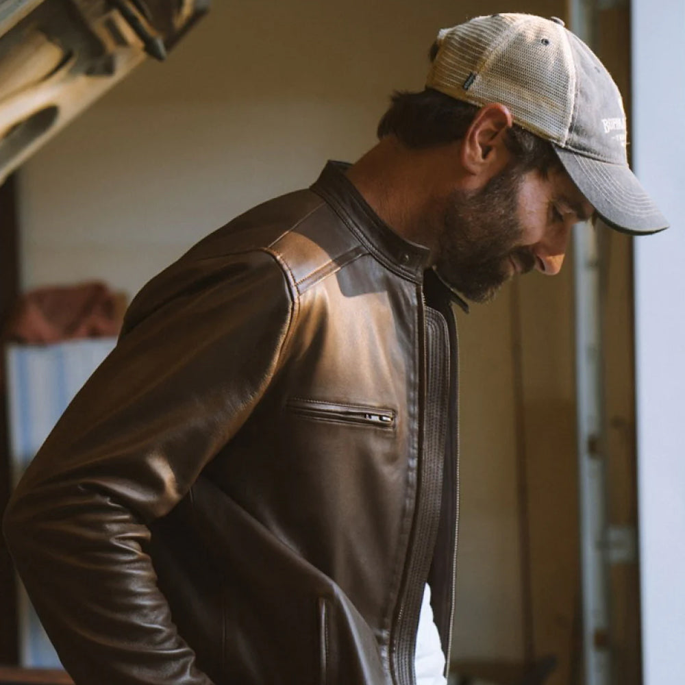 Men’s Brown Cafe Racer Lambskin Leather Motorcycle Jacket