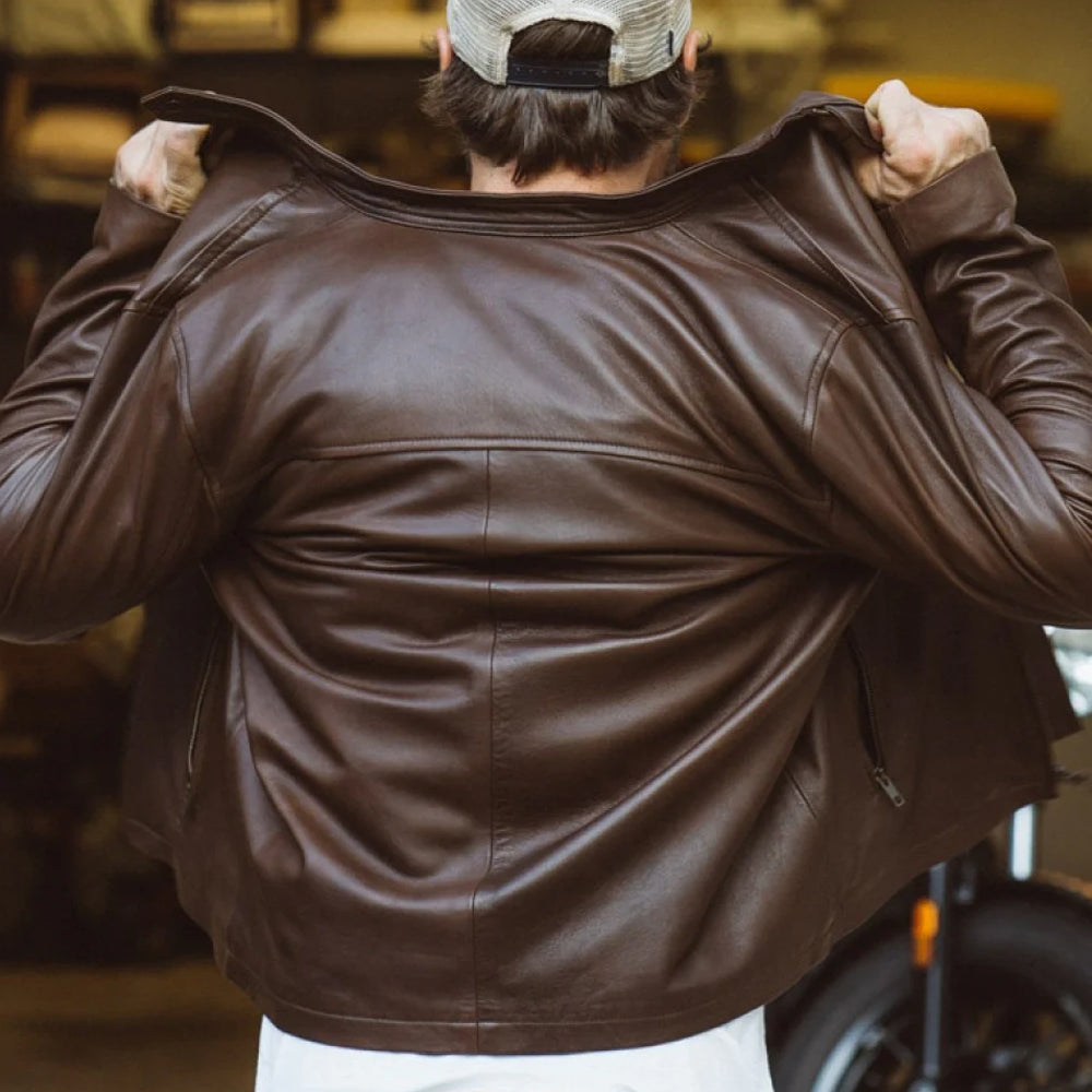 Men’s Brown Cafe Racer Lambskin Leather Motorcycle Jacket