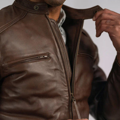 Men’s Brown Cafe Racer Lambskin Leather Motorcycle Jacket