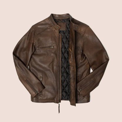 Men’s Brown Cafe Racer Lambskin Leather Motorcycle Jacket