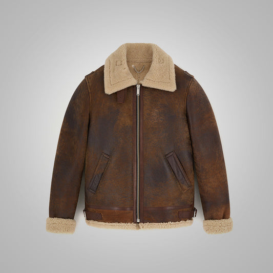 Premium Avanzar Men’s Brown Distressed Leather Shearling Jacket