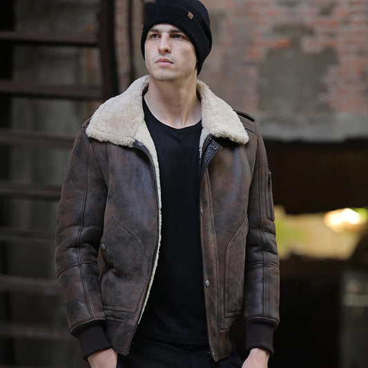 Men’s Brown RAF Aviator Flight Shearling Sheepskin Leather Jacket