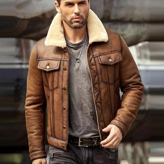 Mens Brown RAF B3 Sheepskin Trucker Shearling Leather Jacket