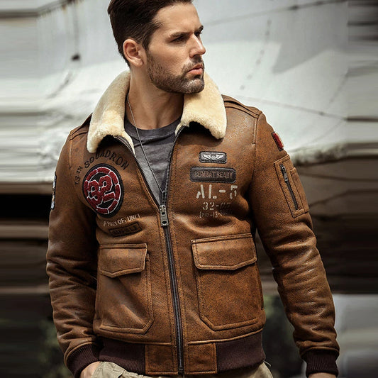 Men's B3 Airforce Brown Embroidered Shearling Leather Bomber Jacket