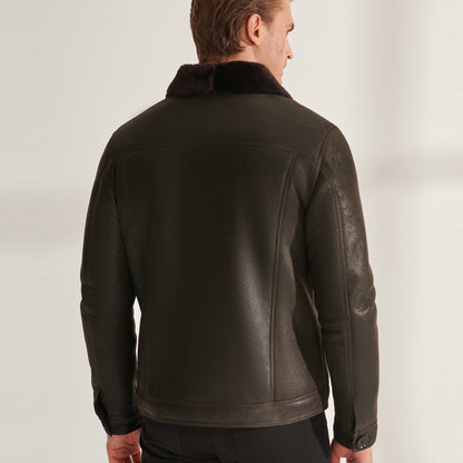 Men's Brown Sheepskin Shearling Leather Trucker Aviator Jacket