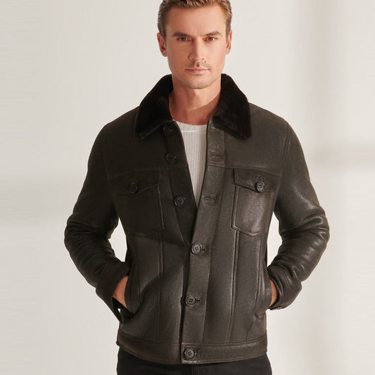 Men's Brown Sheepskin Shearling Leather Trucker Aviator Jacket