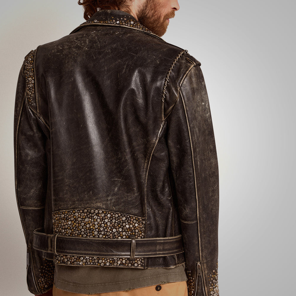 Premium Avanzar Men’s Brown Studded Distressed Leather Jacket