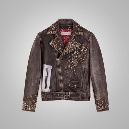 Premium Avanzar Men’s Brown Studded Distressed Leather Jacket