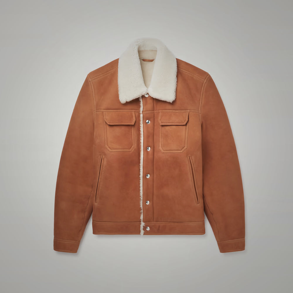 Men's Brown Suede Leather Shearling Trucker Jacket