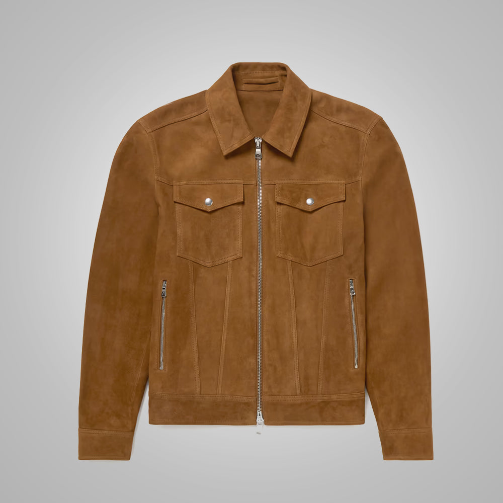 Men's Brown Suede Leather Trucker Jacket