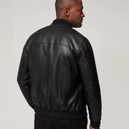 Men’s Classic Black Lambskin Leather Bomber Jacket - Sleek & Timeless