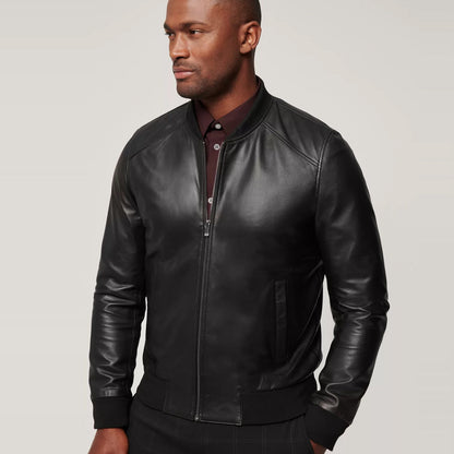 Men’s Classic Black Lambskin Leather Bomber Jacket - Sleek & Timeless