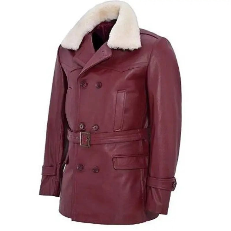 Elegant Dark Red Fur Collar Leather Coat  Avanzar Leather